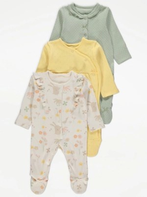 Assorted Floral Bunny Sleepsuits 3 Pack Baby at ASDA