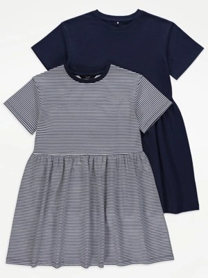 Navy Striped Short Sleeve Jersey Dress 2 Pack Kids at ASDA