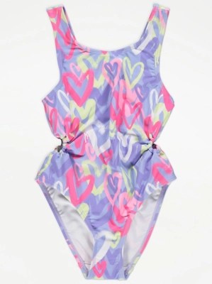 Purple Heart Print Cut Out Swimsuit Kids at ASDA