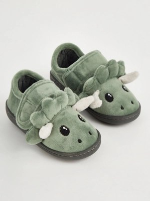 Green Fleece Dinosaur Full Back Slippers Kids at ASDA