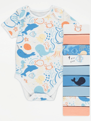Sea Friends Short Sleeve Bodysuits 10 Pack Baby at ASDA