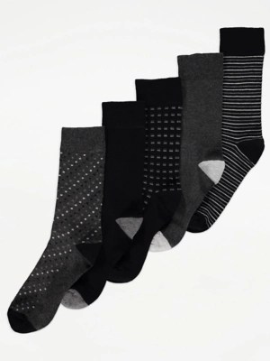 Grey Super Soft Patterned Ankle Socks 5 Pack Men at ASDA