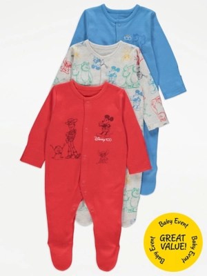 Disney Character Long Sleeve Sleepsuits 3 Pack Baby at ASDA