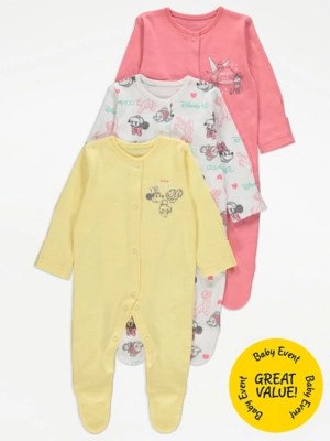 Disney Character Sketch Sleepsuits 3 Pack Baby at ASDA