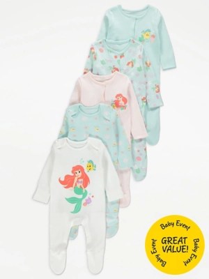 Disney The Little Mermaid Long Sleeve Sleepsuits 5 Pack Baby