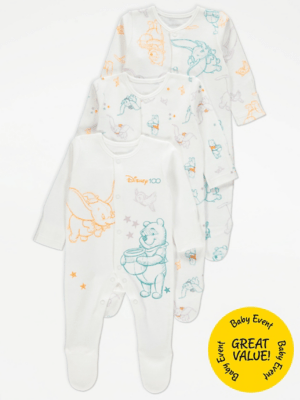 Disney 100 Character Sleepsuits 3 Pack Baby at ASDA