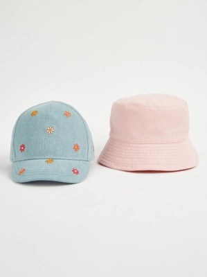 Floral Embroidered Cap and Bucket Hat Kids at ASDA