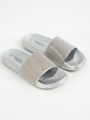 Silver Metallic Embellished Sliders Women at ASDA