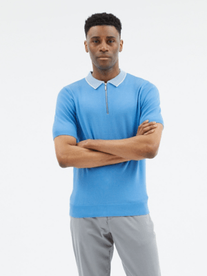 Blue Tipped Collar Knitted Polo Shirt Men at ASDA