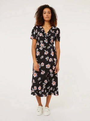 Black Daisy Print Wrap Midi Dress Women at ASDA