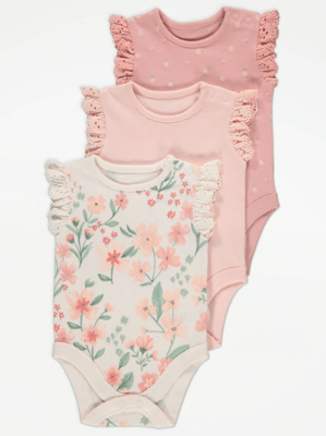 Pink Floral Frill Bodysuits 3 Pack Baby at ASDA