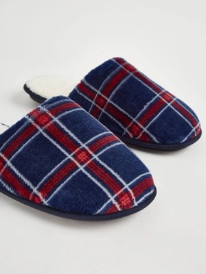 Sleepdown Navy Checked Fleece Slippers Men at ASDA