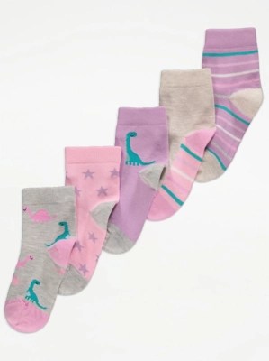 Dinosaur Print Cotton Rich Ankle Socks 5 Pack Kids at ASDA