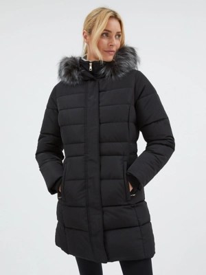 Black Faux Fur Hooded Longline Padded Coat Women at ASDA