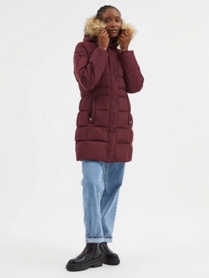 Burgundy Faux Fur Hooded Longline Padded Coat Women at ASDA
