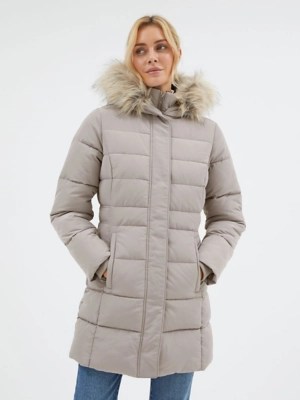 Grey Faux Fur Hooded Longline Padded Coat Women at ASDA
