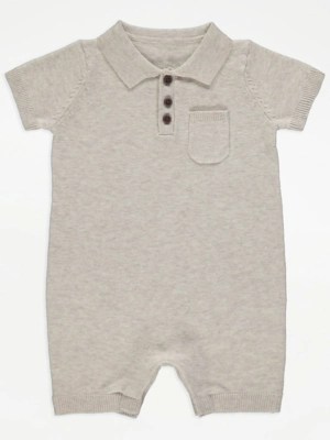 Neutral Knitted Collared Romper Baby at ASDA