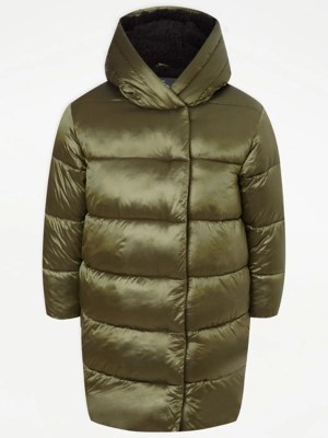 Green Shiny Longline Padded Coat Kids at ASDA