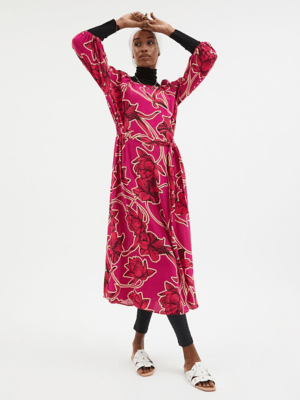 Pink Flower Print Tie Waist Midi Dress Women at ASDA