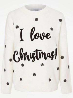 Cream Sequin Spot I Love Christmas Jumper Women at ASDA