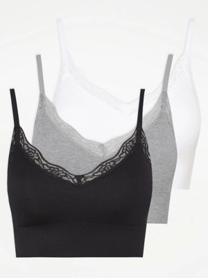 Ribbed Lace Trim Non Wired Comfort Bras 3 Pack Lingerie at ASDA