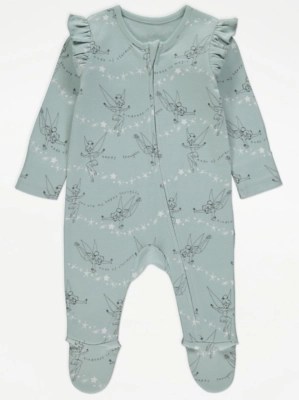 Disney Tinker Bell Green Frill Zip Sleepsuit Baby at ASDA