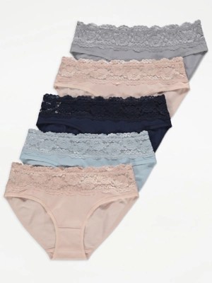 Lace Trim Mini Knickers 5 Pack Lingerie at ASDA