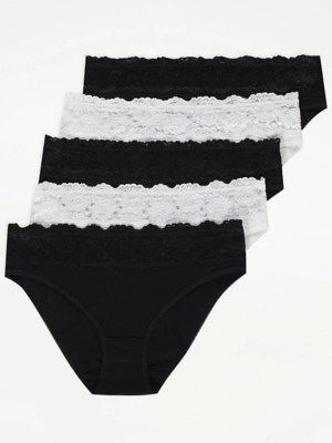 Monochrome Lace Trim High Leg Knickers 5 Pack Lingerie at ASDA