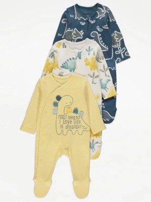 Dinosaur Print Long Sleeve Sleepsuits 3 Pack Baby at ASDA