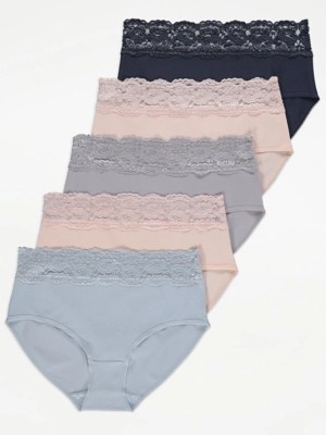 Lace Top Full Brief Knickers 5 Pack Lingerie at ASDA