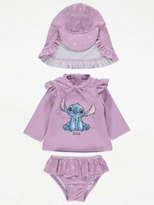 Disney Lilo and Stitch Lilac Swim Top Bottoms and Keppi Hat Set Baby