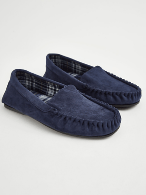 Navy Checked Moccasin Slippers Men at ASDA