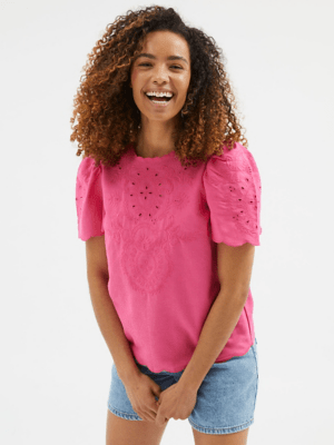 Bright Pink Embroidered Linen Blend TShirt Women at ASDA