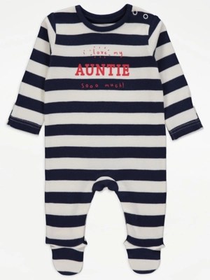 Navy Striped I Love My Auntie Sleepsuit Baby at ASDA