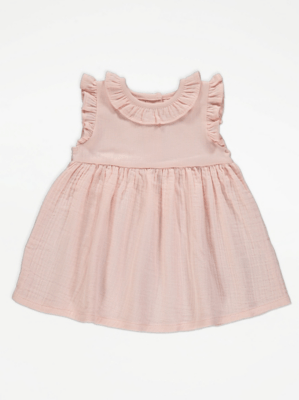 Pink Ribbed Woven Frill Dress Baby at ASDA