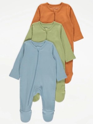 Ribbed Long Sleeve Zip Sleepsuits 3 Pack Baby at ASDA