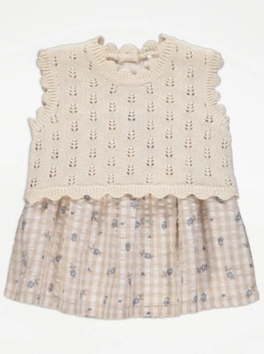 Neutral Gingham Dress and Knitted Vest Outfit Baby at ASDA