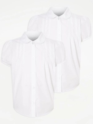 Girls White Pintuck Short Sleeve School Shirts 2 Pack School at ASDA