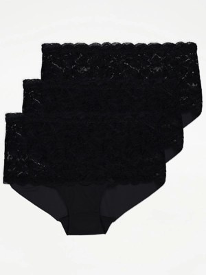 Black Lace Midi Knickers 3 Pack Lingerie at ASDA
