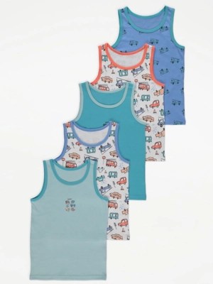 Transport Print Vests 5 Pack Kids at ASDA