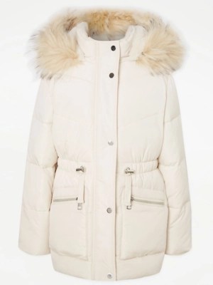 Cream Faux Fur Trim Parka Coat Kids at ASDA