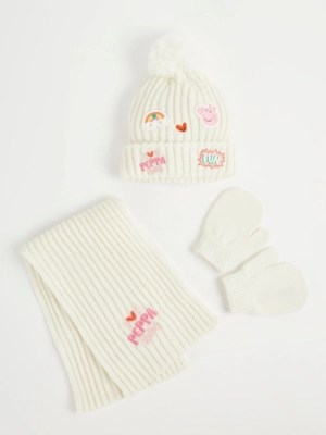 Peppa Pig Cream Bobble Hat Scarf and Gloves Set Kids at ASDA