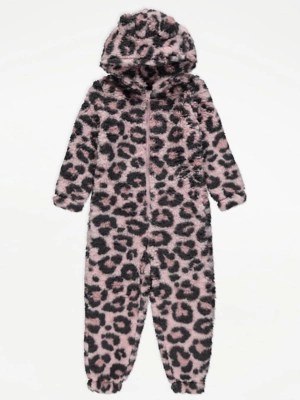 Pink Leopard Fleece Onesie Kids at ASDA
