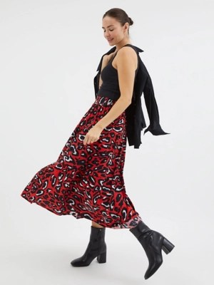 Red Animal Print Tiered Midi Skirt Women at ASDA