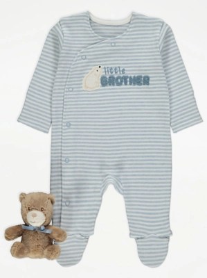 Blue Striped Little Brother Sleepsuit and Teddy Baby at ASDA
