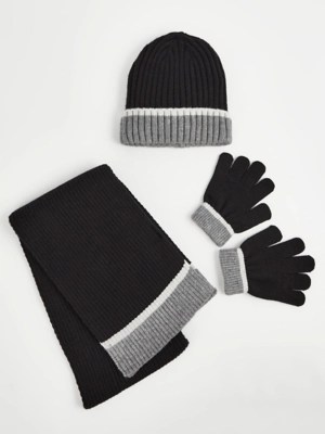 Black Striped Hat Scarf and Gloves Set Kids at ASDA