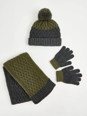 Khaki Cable Knit Hat Scarf and Gloves Set Kids at ASDA