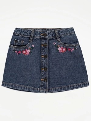 Dark Denim Floral Embroidered Denim Skirt Kids at ASDA