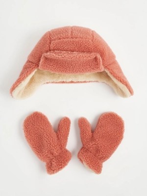 Pink Trapper Hat and Gloves Set Kids at ASDA