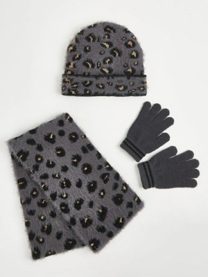Grey Fluffy Leopard Print Hat Scarf and Gloves Set Kids at ASDA